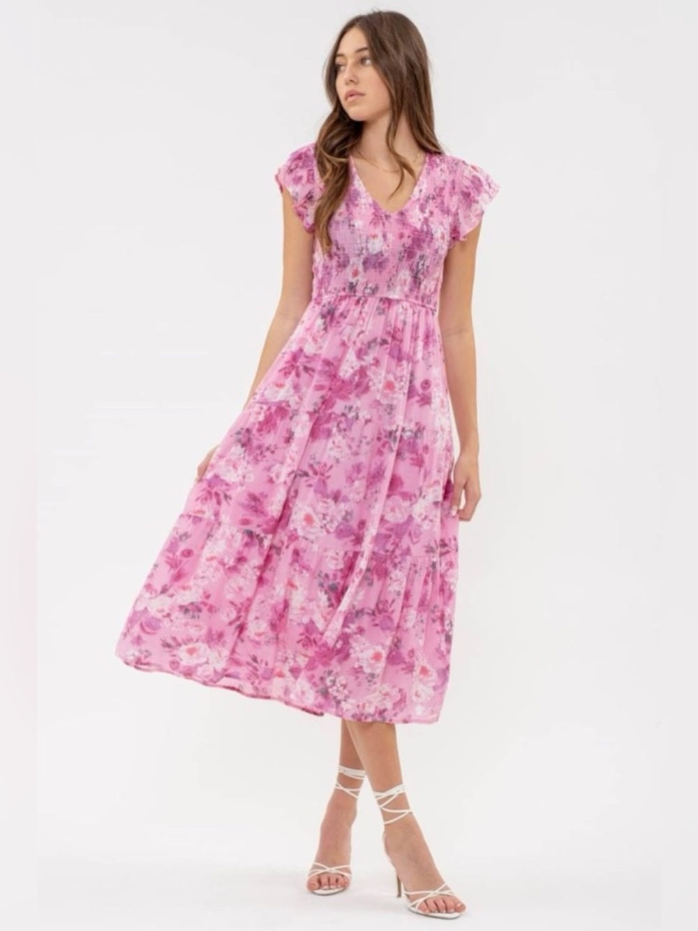 By The River | Pink Floral Smocked Bodice Tiered Midi Dress